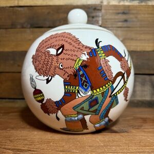 Vintage‎ Arnels Round Jar with Lid ~ Native American Print Buffalo Dancer